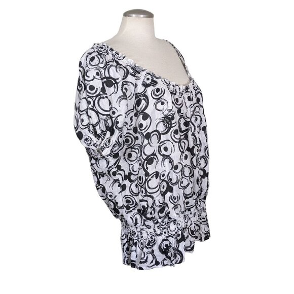 Marina Luna NEW Linen Top Womens 2X Black White Geometric Print Puff Sleeve Boho - Picture 4 of 7